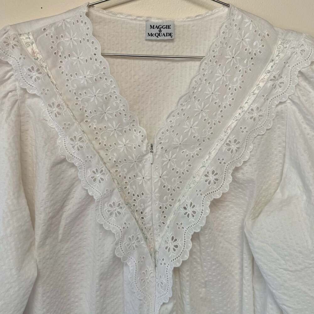Vintage Maggie McQuade White Seersucker Nightgown with Eyelet Lace Trim